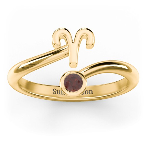 Zodiac Sign & Birthstone Bypass Ring – 18K Gold Plated Silver with Garnet