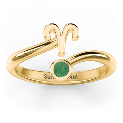 Zodiac Sign & Birthstone Bypass Ring – 18K Gold Plated Silver with Emerald