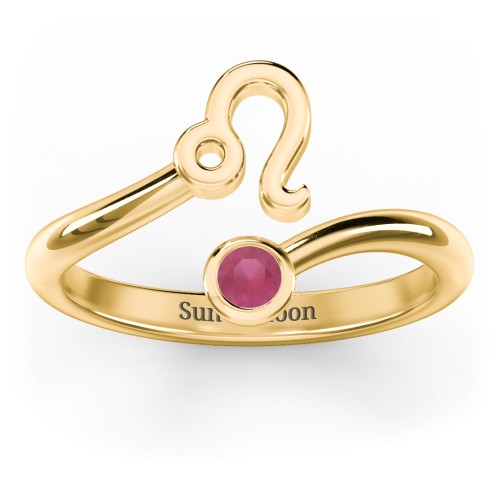 Zodiac Sign & Birthstone Bypass Ring – 18K Gold Plated Silver with Ruby