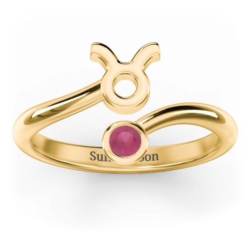 Zodiac Sign & Birthstone Bypass Ring – 18K Gold Plated Silver with Ruby