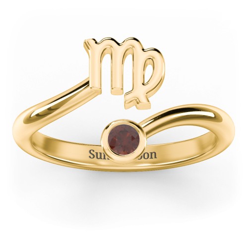 Zodiac Sign & Birthstone Bypass Ring – 18K Gold Plated Silver with Garnet