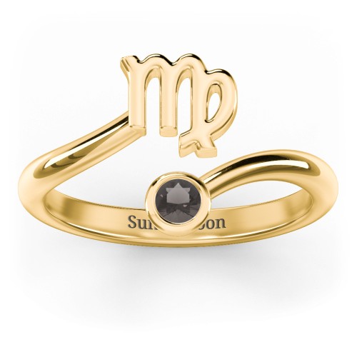 Zodiac Sign & Birthstone Bypass Ring – 18K Gold Plated Silver with Smokey Quartz