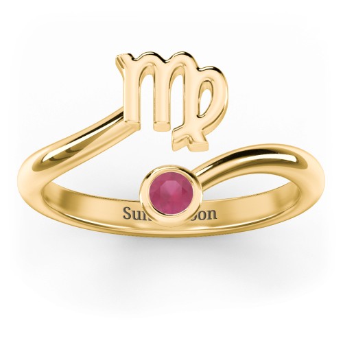 Zodiac Sign & Birthstone Bypass Ring – 18K Gold Plated Silver with Ruby