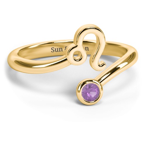 Zodiac Sign & Birthstone Bypass Ring – 18K Gold Plated Silver with Amethyst