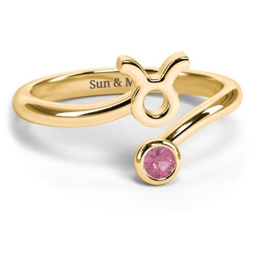 Zodiac Sign & Birthstone Bypass Ring – 18K Gold Plated Silver with Pink Tourmaline