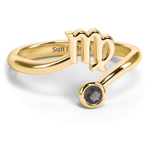 Zodiac Sign & Birthstone Bypass Ring – 18K Gold Plated Silver with Smokey Quartz