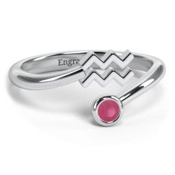 Zodiac Sign & Birthstone Bypass Ring in 925 Sterling Silver with Ruby