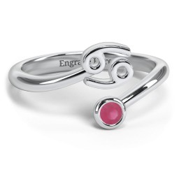 Zodiac Sign & Birthstone Bypass Ring in 925 Sterling Silver with Ruby