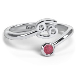 Zodiac Sign & Birthstone Bypass Ring in 925 Sterling Silver with Ruby