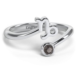 Zodiac Sign & Birthstone Bypass Ring in 925 Sterling Silver with Smokey Quartz