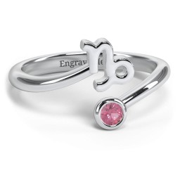Zodiac Sign & Birthstone Bypass Ring in 925 Sterling Silver with Pink Tourmaline