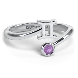 Zodiac Sign & Birthstone Bypass Ring in 925 Sterling Silver with Amethyst