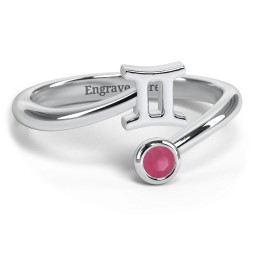 Zodiac Sign & Birthstone Bypass Ring in 925 Sterling Silver with Ruby