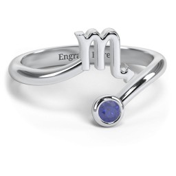 Zodiac Sign & Birthstone Bypass Ring in 925 Sterling Silver with Blue Sapphire
