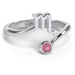 Zodiac Sign & Birthstone Bypass Ring in 925 Sterling Silver with Pink Tourmaline