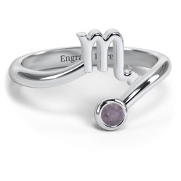 Zodiac Sign & Birthstone Bypass Ring in 925 Sterling Silver with Alexandrite