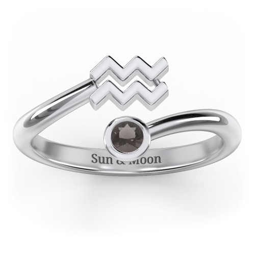 Zodiac Sign & Birthstone Bypass Ring – Sterling Silver with Smokey Quartz