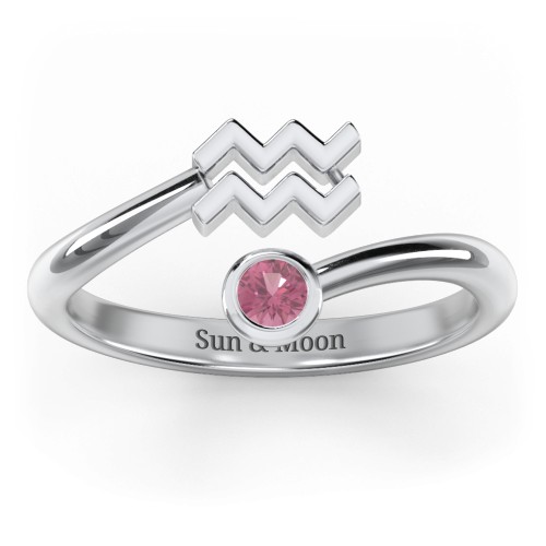 Zodiac Sign & Birthstone Bypass Ring – Sterling Silver with Pink Tourmaline
