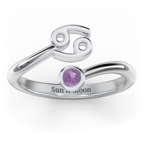 Zodiac Sign & Birthstone Bypass Ring – Sterling Silver with Amethyst