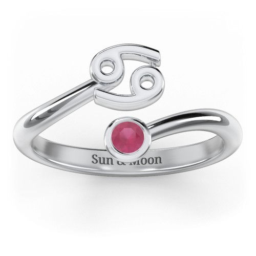 Zodiac Sign & Birthstone Bypass Ring – Sterling Silver with Ruby