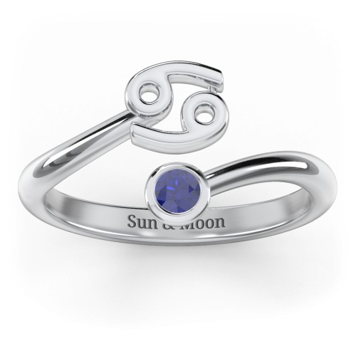 Zodiac Sign & Birthstone Bypass Ring – Sterling Silver with Blue Sapphire