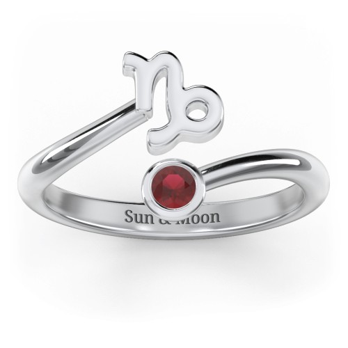 Zodiac Sign & Birthstone Bypass Ring – Sterling Silver with Garnet