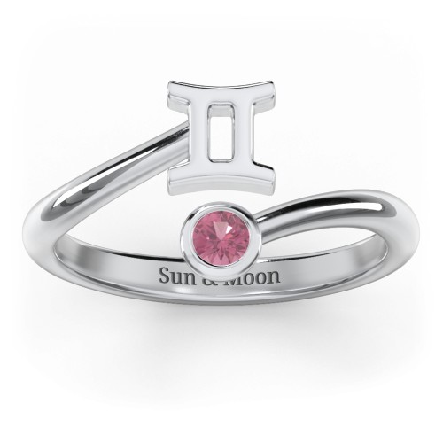 Zodiac Sign & Birthstone Bypass Ring – Sterling Silver with Pink Tourmaline