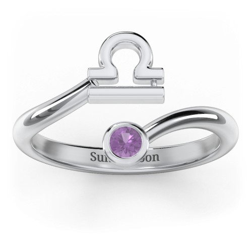 Zodiac Sign & Birthstone Bypass Ring – Sterling Silver with Amethyst