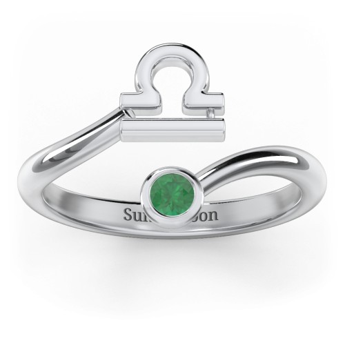 Zodiac Sign & Birthstone Bypass Ring – Sterling Silver with Emerald