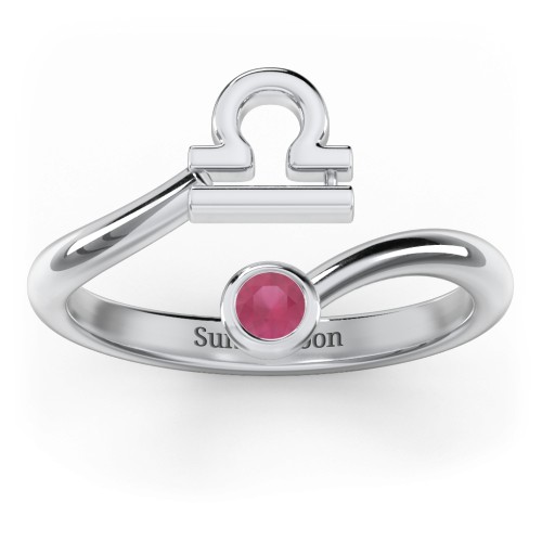 Zodiac Sign & Birthstone Bypass Ring – Sterling Silver with Ruby