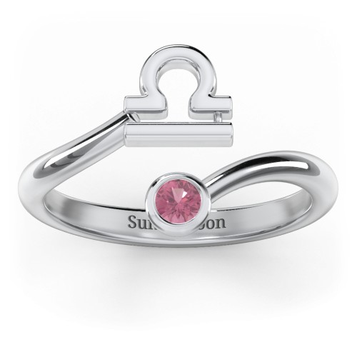 Zodiac Sign & Birthstone Bypass Ring – Sterling Silver with Pink Tourmaline
