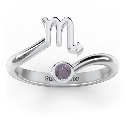 Zodiac Sign & Birthstone Bypass Ring – Sterling Silver with Alexandrite
