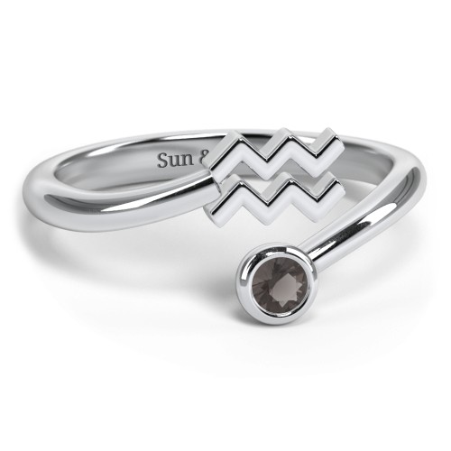 Zodiac Sign & Birthstone Bypass Ring – Sterling Silver with Smokey Quartz