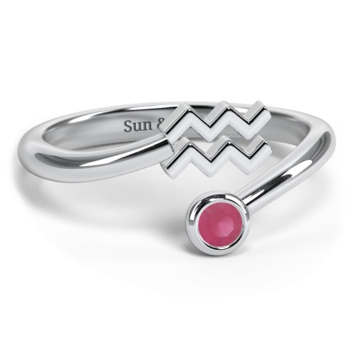 Zodiac Sign & Birthstone Bypass Ring – Sterling Silver with Ruby