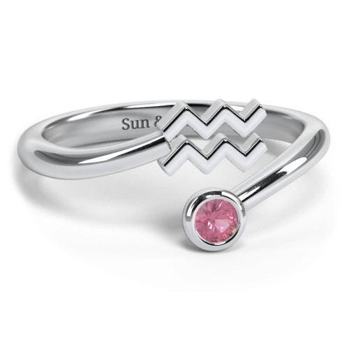 Zodiac Sign & Birthstone Bypass Ring – Sterling Silver with Pink Tourmaline