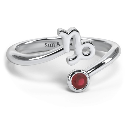 Zodiac Sign & Birthstone Bypass Ring – Sterling Silver with Garnet