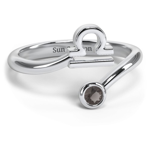 Zodiac Sign & Birthstone Bypass Ring – Sterling Silver with Smokey Quartz
