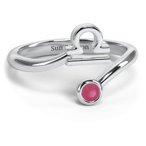 Zodiac Sign & Birthstone Bypass Ring – Sterling Silver with Ruby