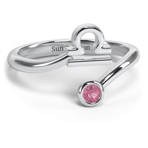 Zodiac Sign & Birthstone Bypass Ring – Sterling Silver with Pink Tourmaline