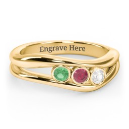 Curved 3 Bezel-Set Round Birthstone Ring in 18K Gold Plated Silver with Emerald, Ruby, and Cubic Zirconia