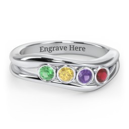 Curved 4 Bezel-Set Round Birthstone Ring in 925 Sterling Silver with Emerald, Citrine, Amethyst, and Garnet