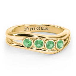 Curved 4 Bezel-Set Round Birthstone Ring in 18K Gold Plated Silver with Emerald