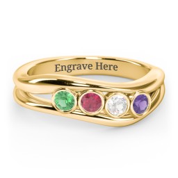 Curved 4 Bezel-Set Round Birthstone Ring in 18K Gold Plated Silver with Emerald, Ruby, Cubic Zirconia, and Amethyst