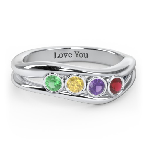 Curved 4 Bezel-Set Round Birthstone Ring – Sterling Silver with Emerald, Citrine, Amethyst, and Garnet