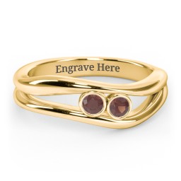 Curved 2 Bezel-Set Round Birthstone Ring in 18K Gold Plated Silver with Garnet, Emerald, and Blue Topaz