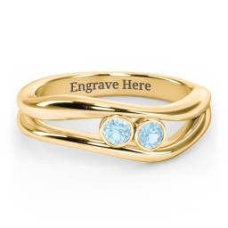 Curved 2 Bezel-Set Round Birthstone Ring in 18K Gold Plated Silver with Blue Topaz and Emerald