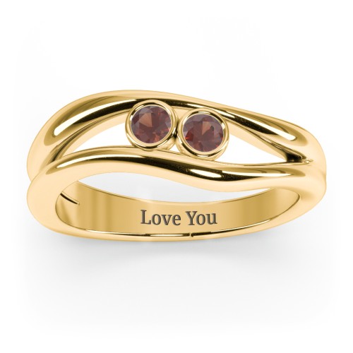 Curved 2 Bezel-Set Round Birthstone Ring – 18K Gold Plated Silver with Garnet