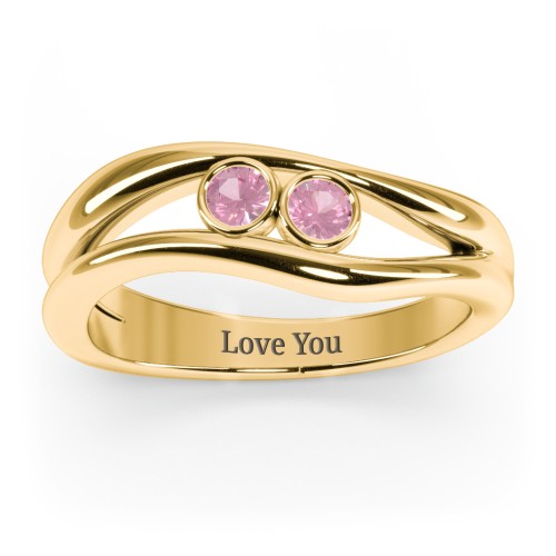 Curved 2 Bezel-Set Round Birthstone Ring – 18K Gold Plated Silver with Pink Tourmaline