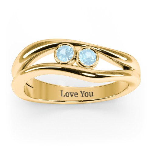 Curved 2 Bezel-Set Round Birthstone Ring – 18K Gold Plated Silver with Blue Topaz