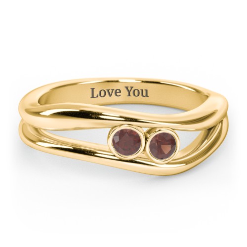 Curved 2 Bezel-Set Round Birthstone Ring – 18K Gold Plated Silver with Garnet